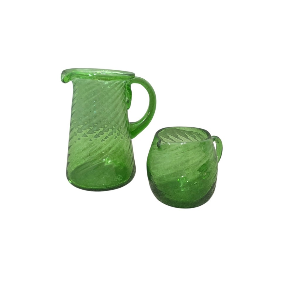 Vintage Hand Blown Green Swirl Art‎ Glass Pitcher & Creamer Set Applied Handles